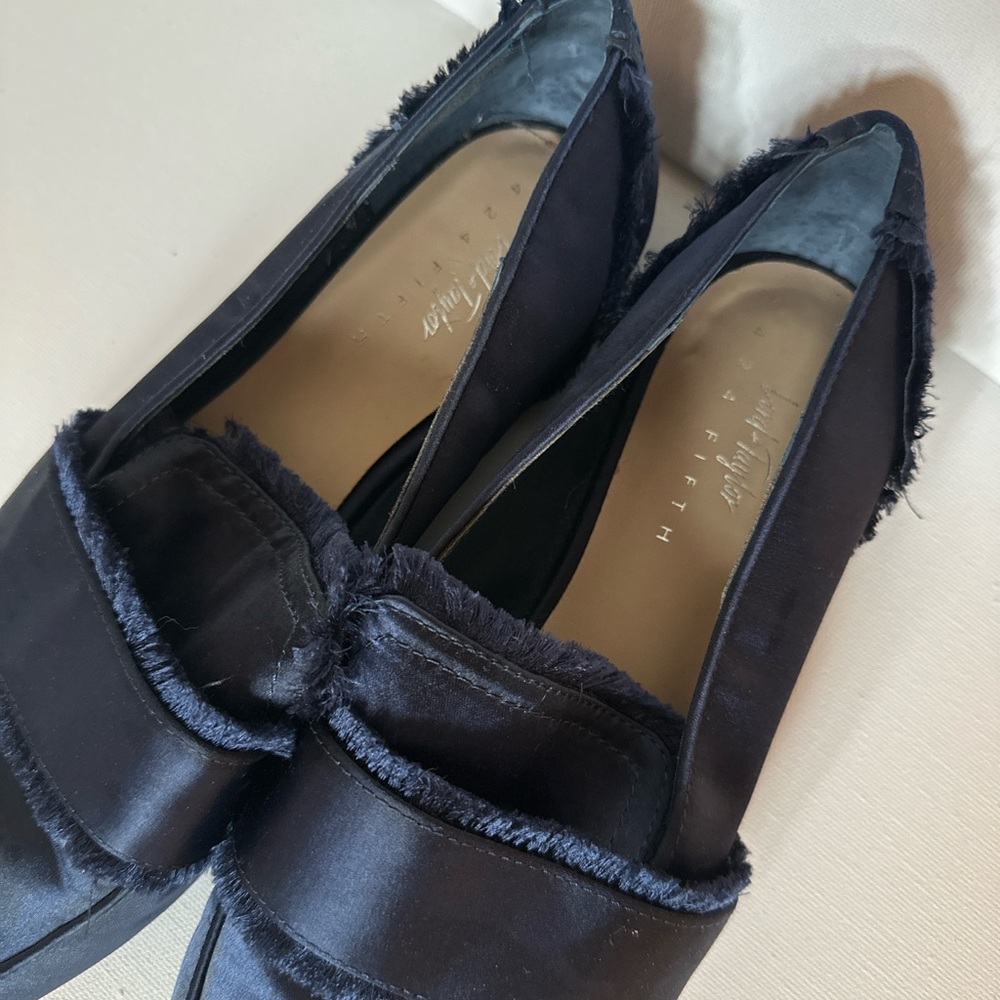 Lord + Taylor 424 Fifth Frayed Edge Dark Navy Satin Loafers